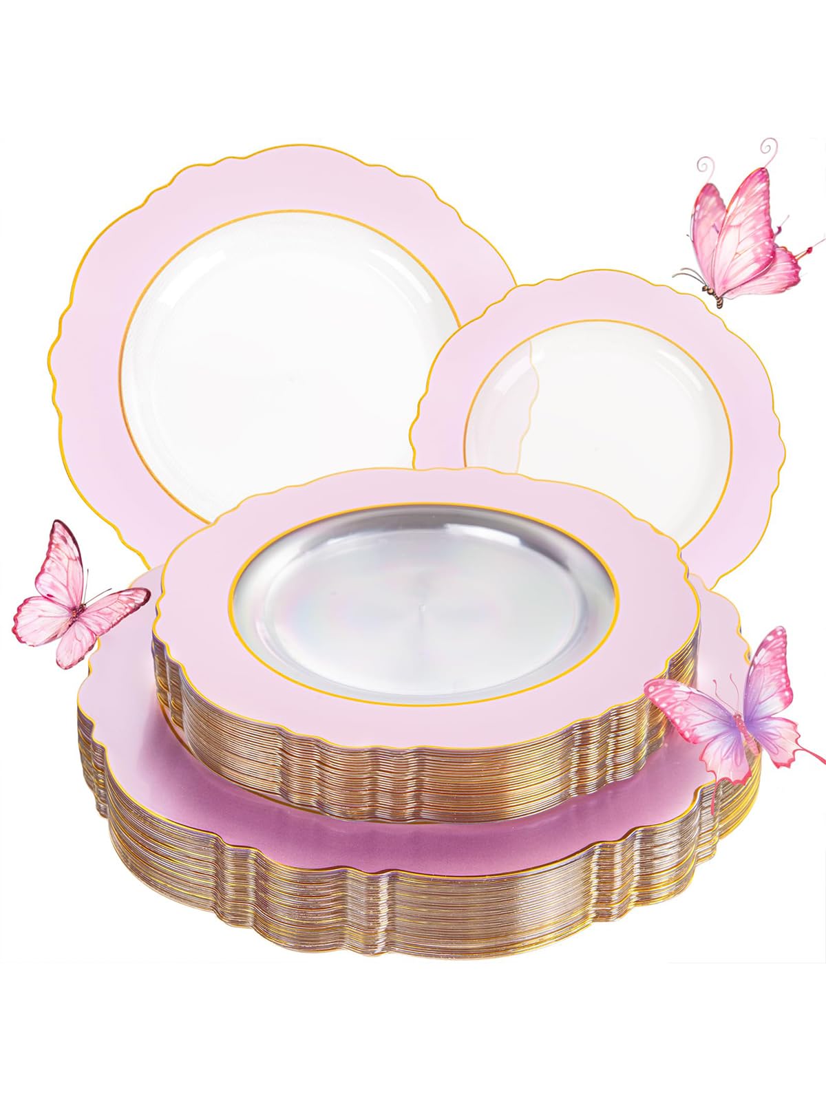 Photo 1 of WDF 60Pcs Pink Plates Disposable with Gold Rim - Baroque Clear Pink and Gold Plastic Party Plates Ideal for Wedding/Baby Shower