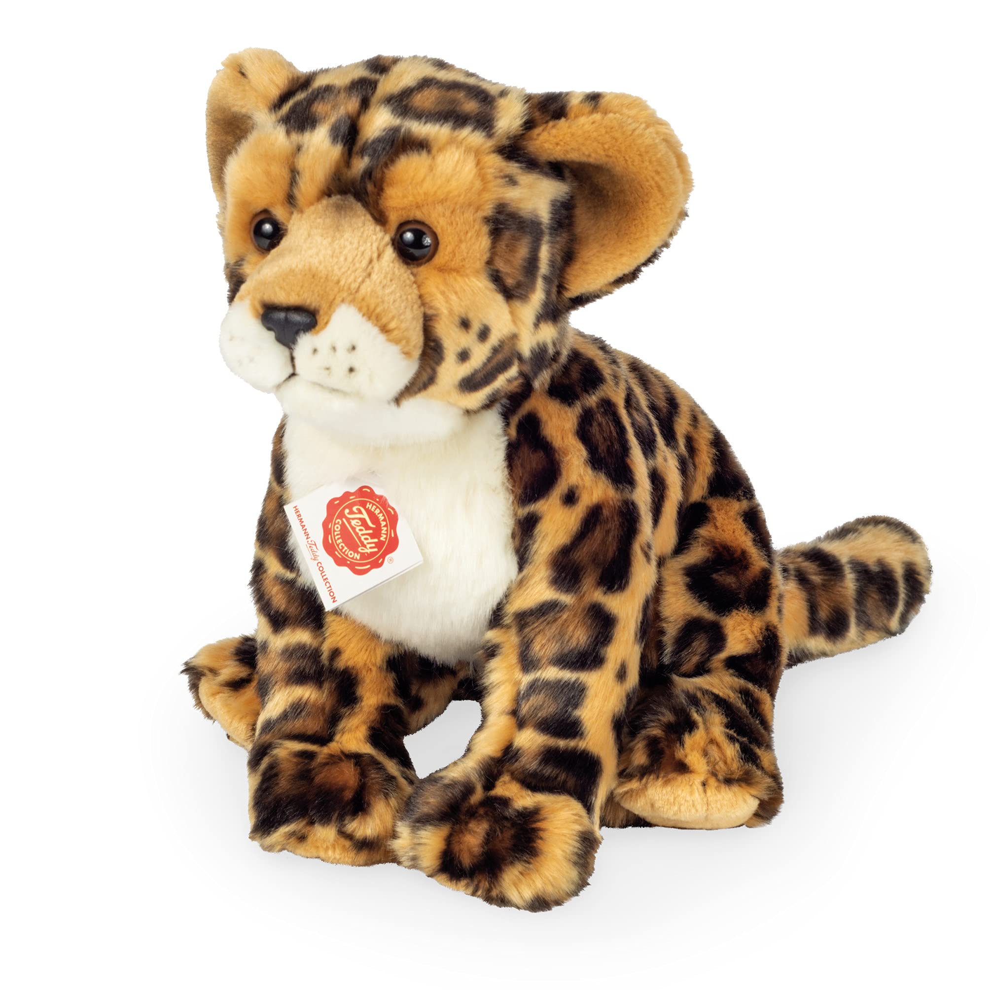 Teddy Hermann 90472 Leopard sitting 27 cm, cuddly toy with 75% recycled filling material
