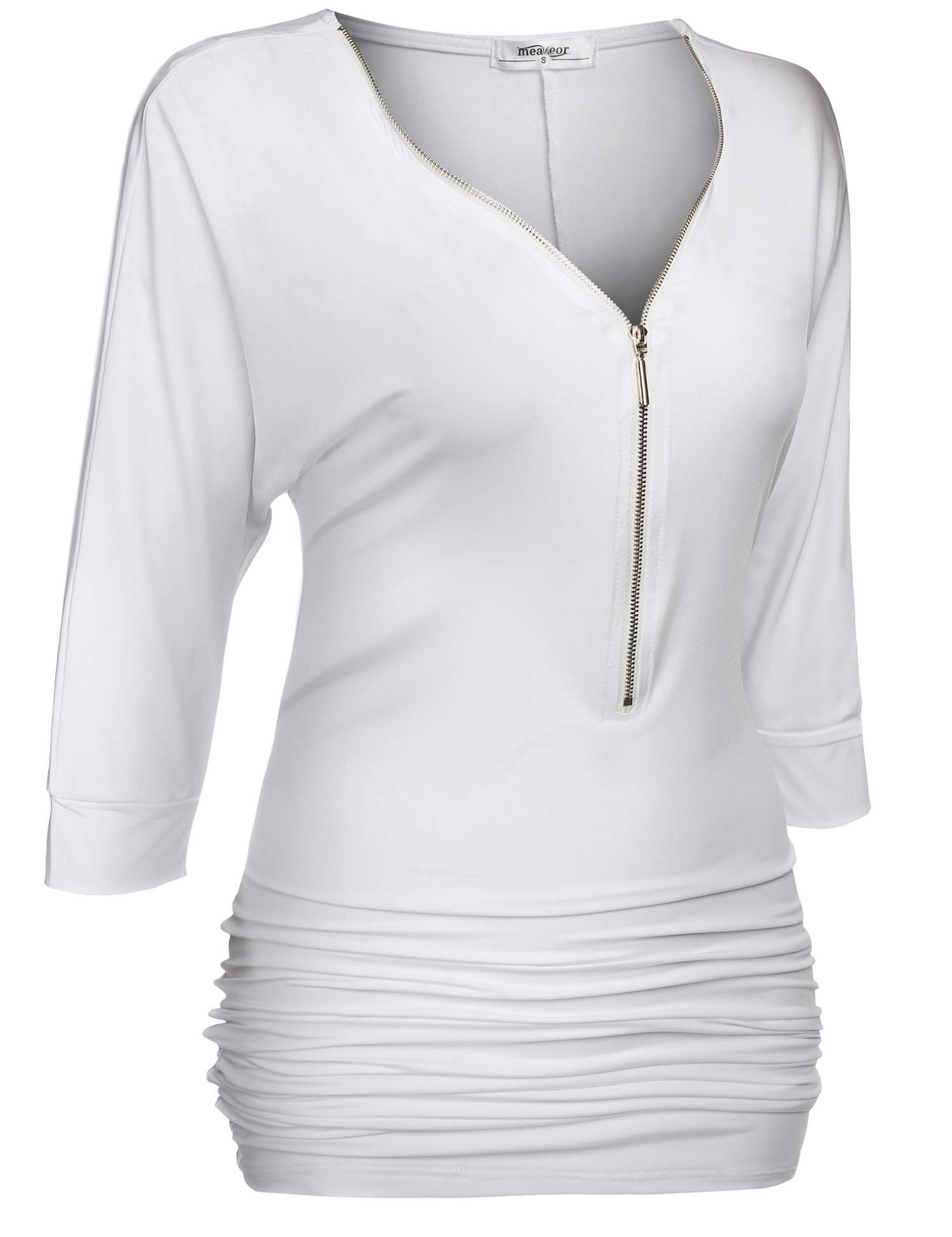 Meaneor Women\'s V Neck Zip Front Side Ruched Casual Lightweight Tunic Top White XS