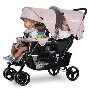 Seebaby Lightweight Foldable Double Stroller Infant Baby Pushchair Convenience Twin Seat With Sun