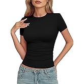 YOGINGO Womens Crop Casual Basic Tops Summer Autumn White Black Short Sleeve Crew Neck T Shirts Slim Fit Tees Plain Going Out Y2k Cute Tops Sexy Tight Fitted Compression Baby Tee Shirts Trendy