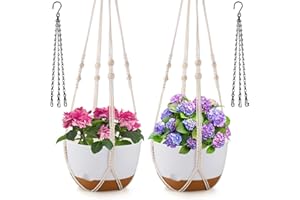 Dovesail 10 Inch Hanging Planter, 2 Pack Hanging Plant Self Watering Pot with Drainage Holes & Removable Tray, Hanging Baskets Flower Pots with Macrame Rope Hangers for Garden Home -White