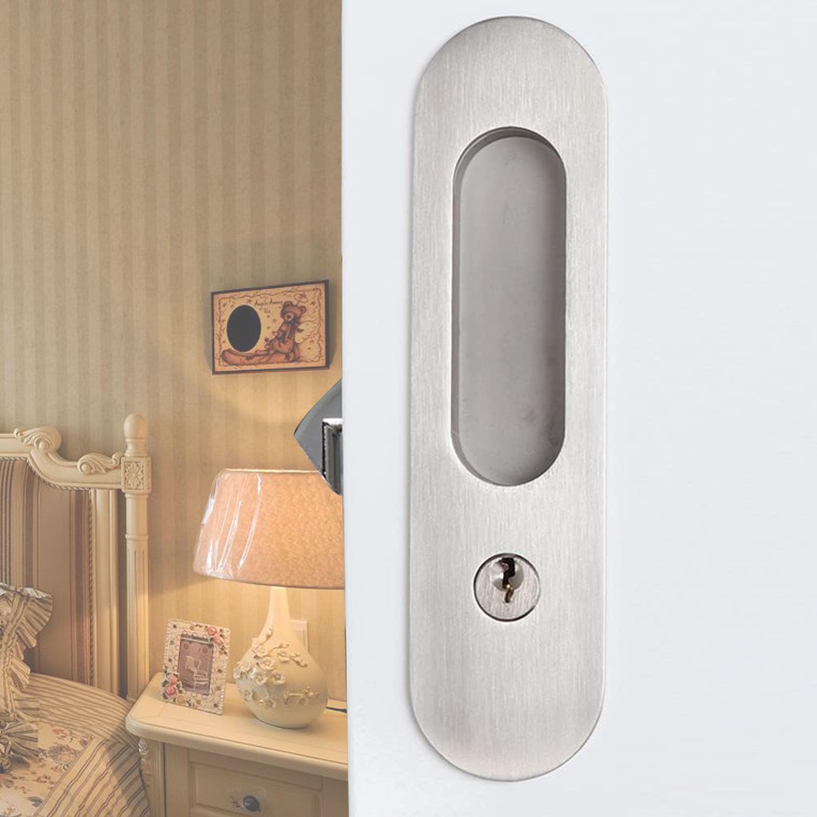betensh 173mm Pocket Door Lock Pocket Door Handle with Key Sliding Door Lock Keyed Recessed Pocket Handle with Mortise Hook for Wooden Door, Brushed Silver