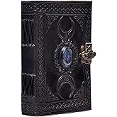 3 Moon Blue Lapis Embossed Vintage Leather Journal | 240 Pages of Antique Handmade Deckle Edge Vintage Paper, Leather Sketchbook, Drawing Journal, Great Gift (5 by 7 inch, black)