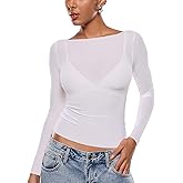 INLYRIC Women's Cosnufy Mesh Sheer Long Sleeve Tops See Through Boat Neck Going Out Tops Trendy Sexy Shirts