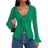 ZESICA Womens 2026 Fall Tie Front Bow Cardigan Sweaters Long Bell Sleeve V Neck Ruffled Knit Cropped Trendy Tops