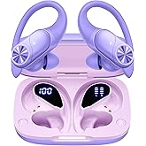 PocBuds Bluetooth Headphones Wireless Earbuds 80hrs Playtime Wireless Charging Case Digital Display Sports Ear buds with Earhook Deep Bass IPX7 Waterproof Over-Ear Earphones for TV Phone Laptop Purple