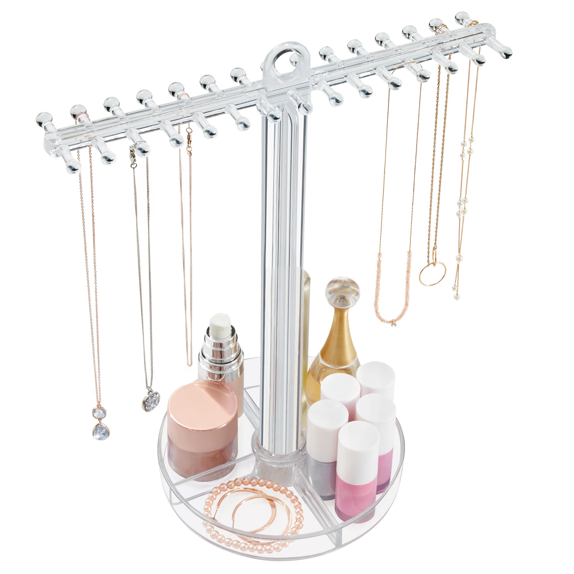 STORi Clear Plastic Hanging Jewelry Organizer | Holds 30 Individual Necklaces on the Pegs & Sorts Small Jewelry in the Bottom Divided Holder | Made in USA