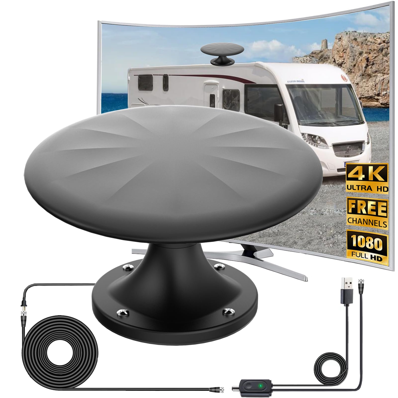 Photo 1 of RV Antenna for Camper, RV TV Antennas Roof Mounted, 720° Long Range Omni Directional Reception Digital HD Antenna Signal, with Super Signal Booster, 35ft HDTV Cable (RVBK01)