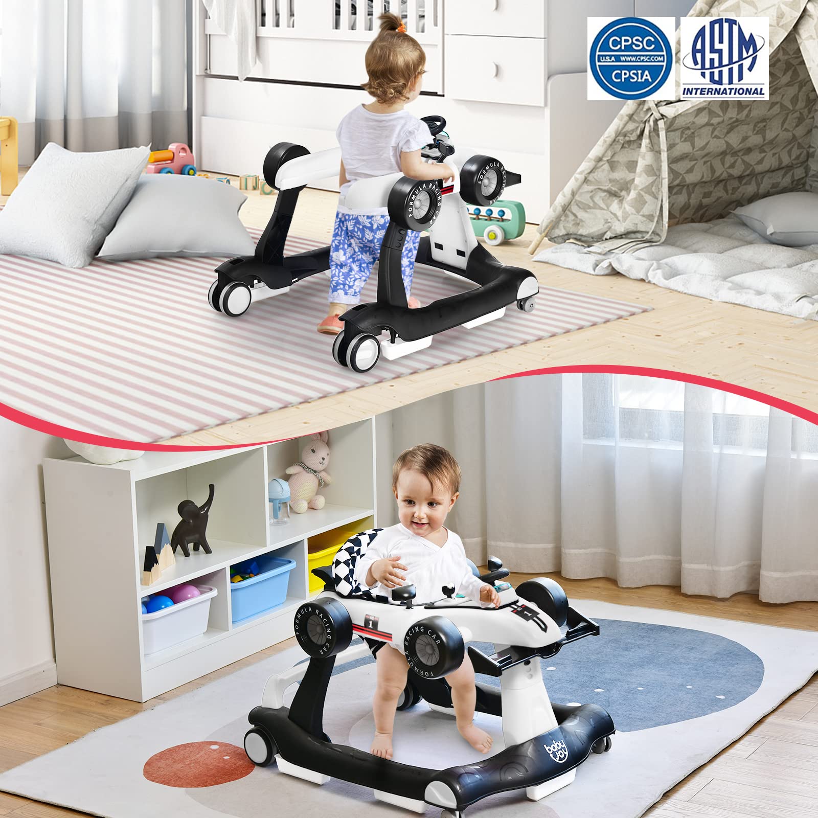 BABY JOY 4-in-1 Baby Walker, Foldable Activity Walker with Adjustable Height & Speed, Music, Lights, Anti-Rollover, Toddler Push Walker, Baby Walker with Wheels for Boys Girls 6-18 Months (White)