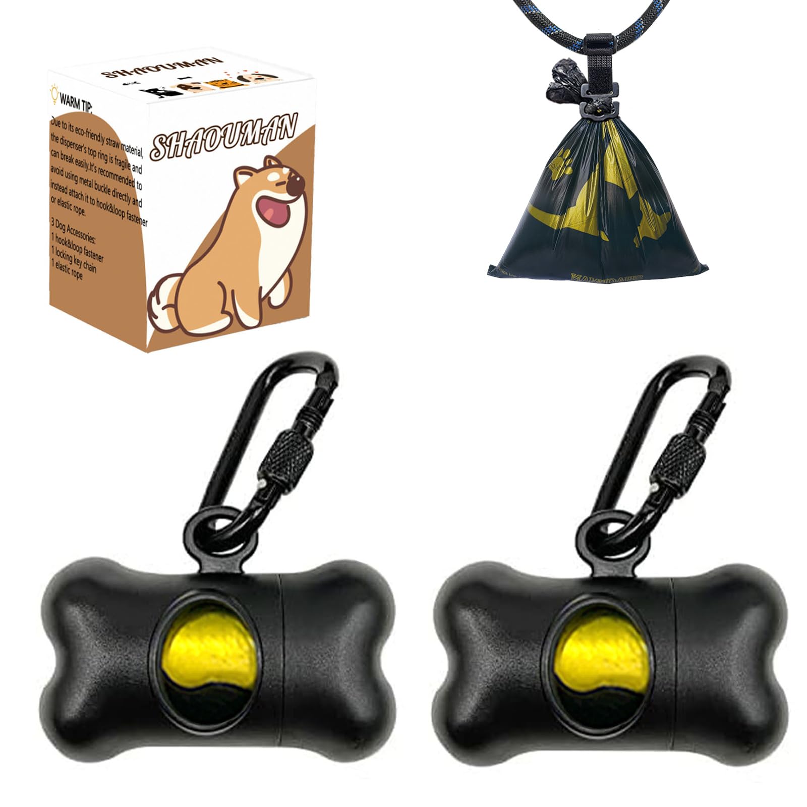 SHAOUMAN Bone Shaped Garbage Bag Dispenser Dog Poop Bags Holder Dog Waste Bags Dispenser with for Leash On The Go for Walking Dogs Outdoor(2 Holders 30 Bags，Black)