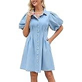YEXPINE Women's Denim Shirt Mini Dress Short Puff Sleeve Collared Button Down Jean A Line Dress
