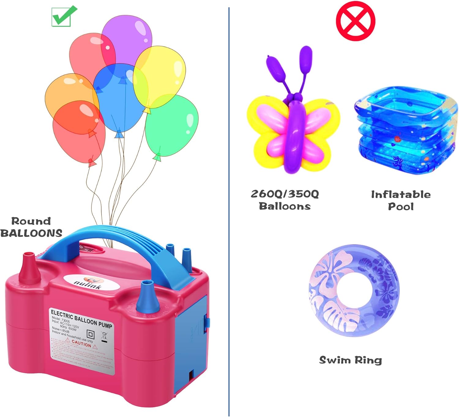 NuLink Electric Portable Dual Nozzle Balloon Blower Pump Inflation for Decoration, Party, Sport [110V~120V, 600W, Rose Red]: Toys & Games