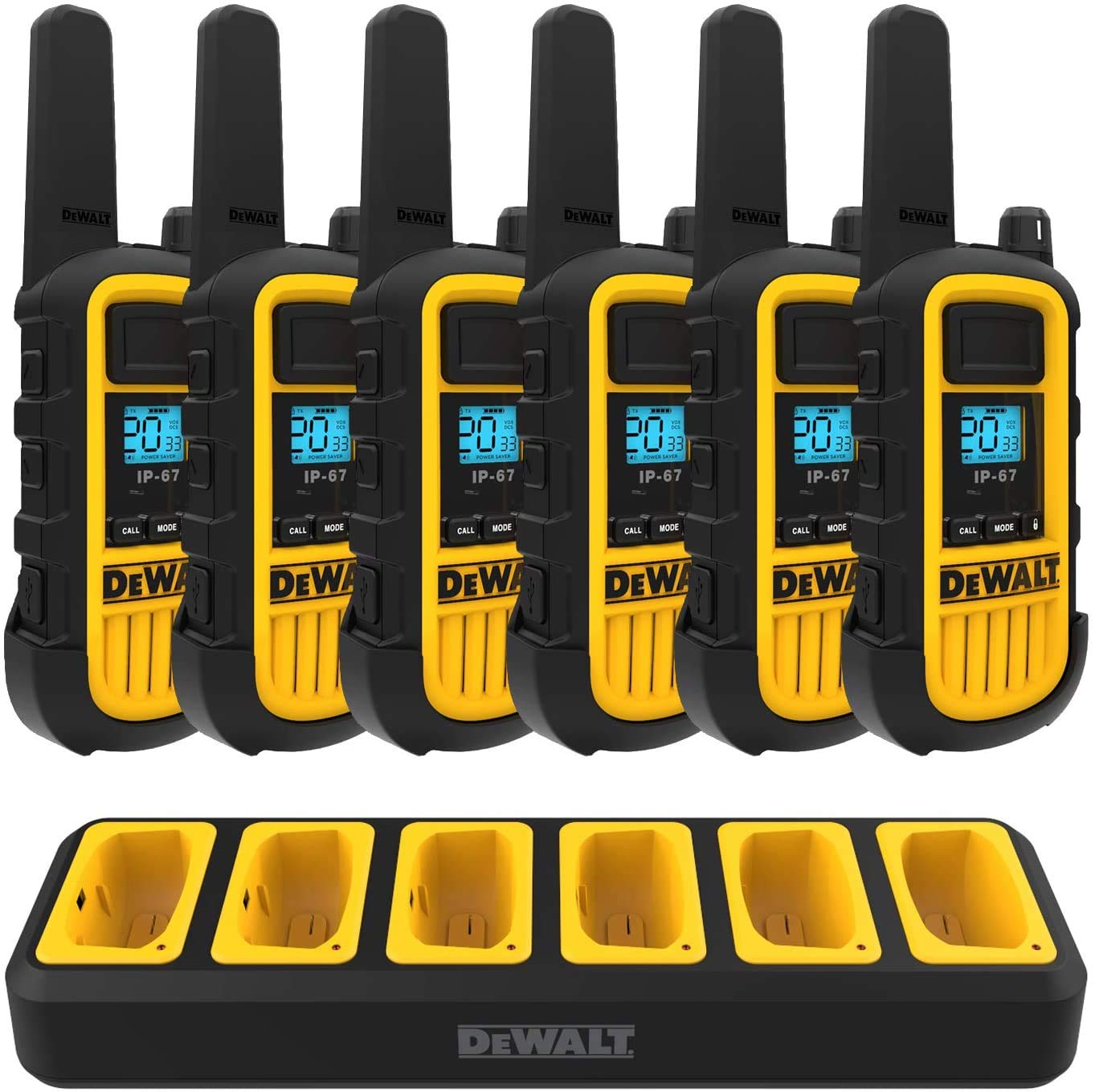 DEWALT DXPMR800 Heavy Duty Professional Walkie Talkie PMR Radio with Up to 15 Floors/10km Range, License Free - Black and Yellow (6 Pack + Gang Charger), DXPMR800-BCH6 โ image 1