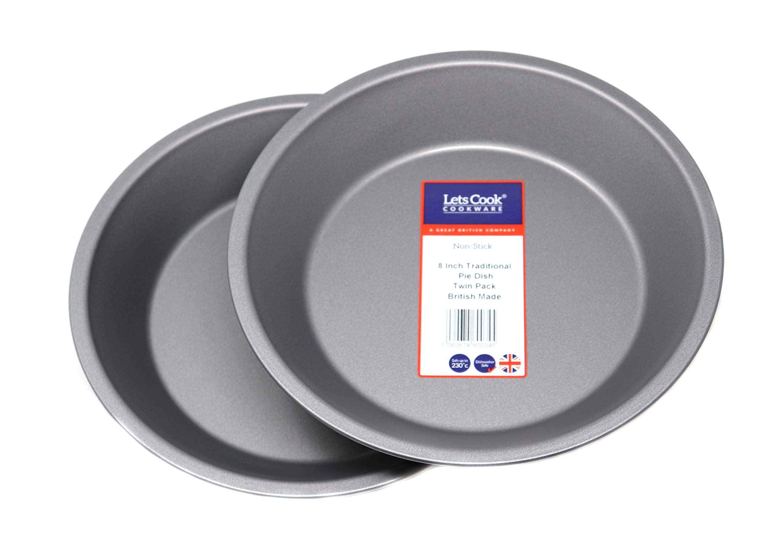 Lets Cook Cookware - 8 Inch Traditional Pie Dishes, Twin Pack (Set of 2), 20cm, Teflon Non Stick, British Made