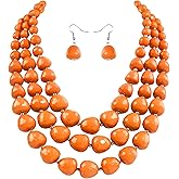 HOKPLITE 3 Layer Beaded Chunky Necklace and Earrings Set for Women, Handmade Acrylic African Boho Statement Collar Necklace Women Party Gifts (Orange)