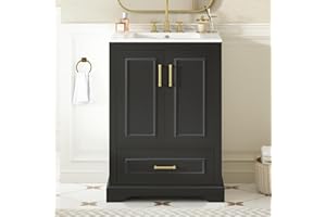GDFStudio 24 Inch Black Bathroom Vanity with Sink, Freestanding Cabinet with Solid Wood Frame, 1 Divided Drawer and 2 Soft Cl