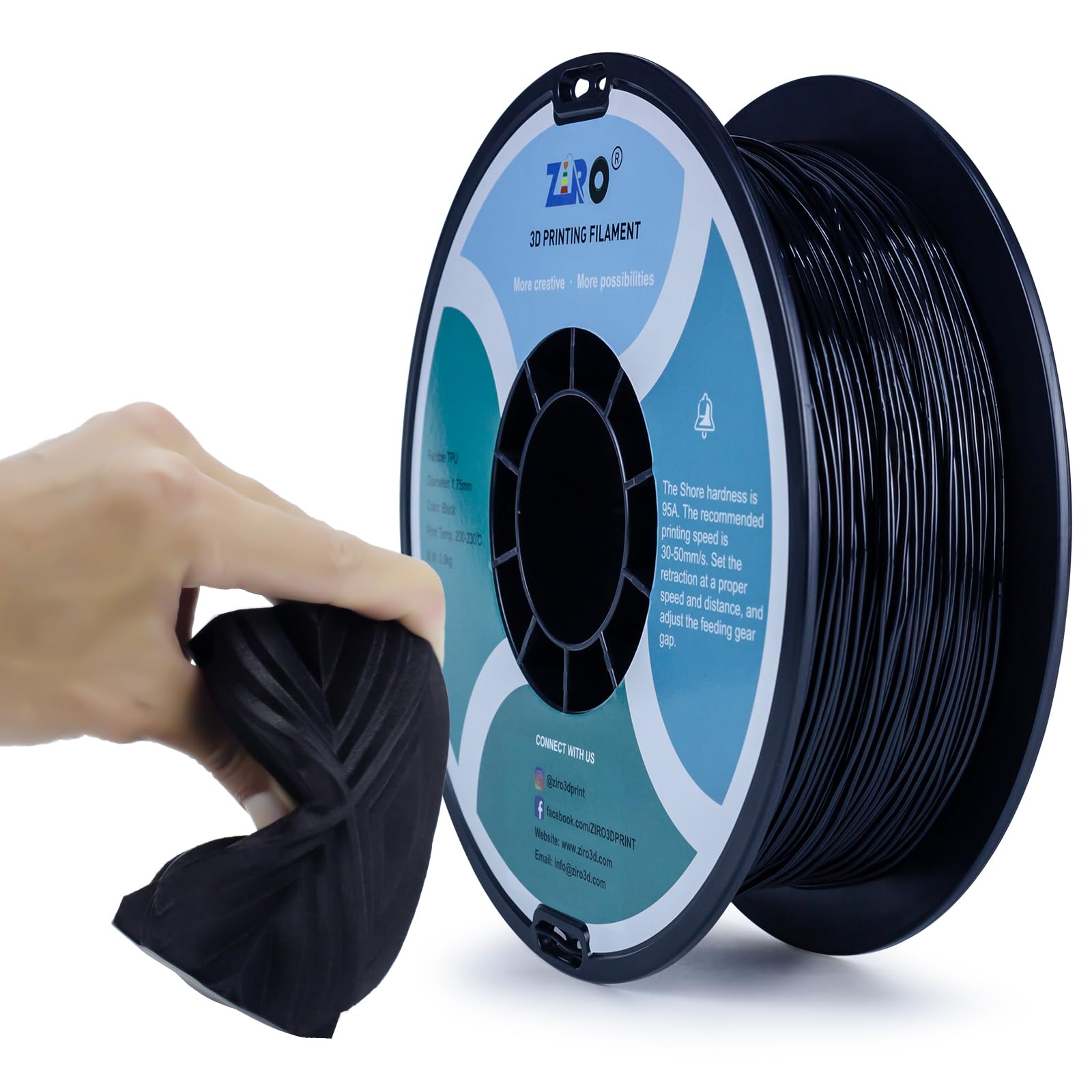 ZIRO 95A Flexible TPU Filament 1.75mm, 3D Printer Filament 1.75mm TPU Flexible Filament 0.8KG Spool, Dimensional Accuracy +/- 0.05mm, Black