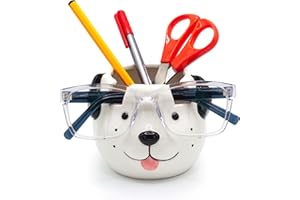 Luvberries Glasses Holder Stand and Vase - Dog Ceramic Sunglasses and Eyeglasses Stand Gift Display and Decor Organizer for Desk Accessories and Stationery Items (White and Black)