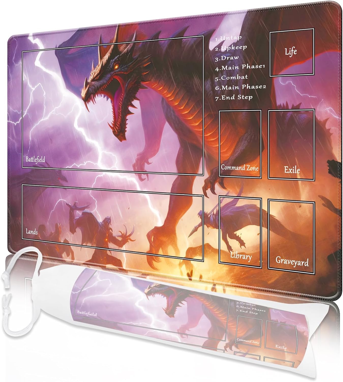 Nkddert MTG Playmat, 24" x 14" Playmats for TCG MTG, Stitched Edges Anti-slip MTG Playmat with Zones with Storage Bag Smooth Surface Battle Dragon Pattern MTG Game Mat