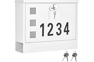 LAND·VOI Locking Mailbox Wall Mounted, Metal Postbox with Three Sets of Mail Box Number Stickers, 4 Keys, 14.4" x 4.5" x 11.2", Large Capacity, Textured White