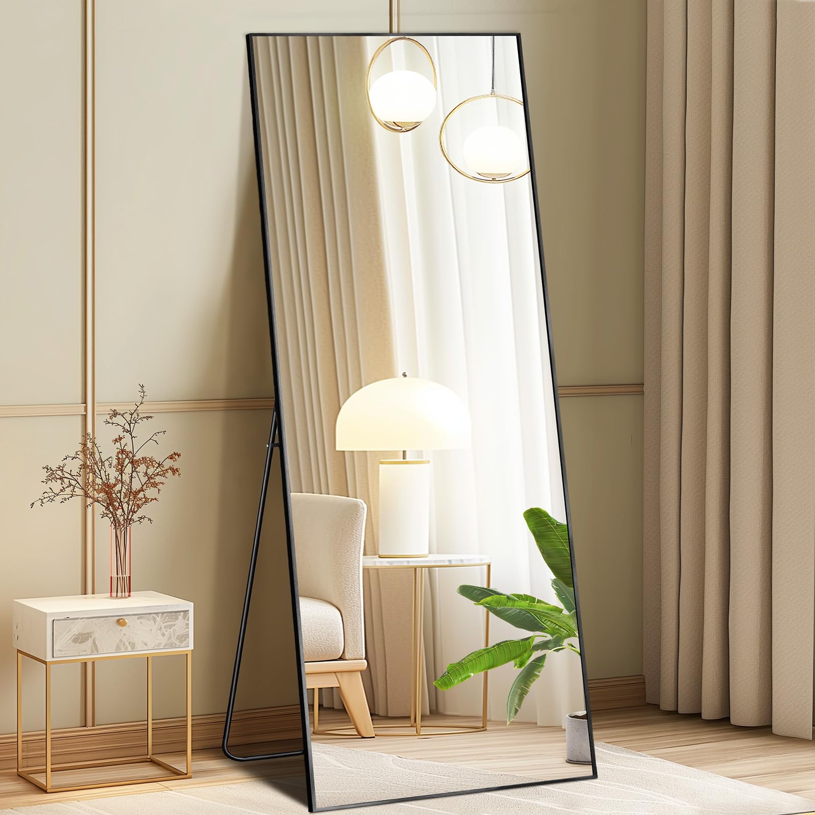DUMOS Full Length Mirror with Stand, 56"x15" Floor Mirror with Aluminum Alloy Frame for Bedroom, Standing Full Body Mirror with Shatter-proorf Nano Glass for Wall, Living Room, Cloakroom, Black Image