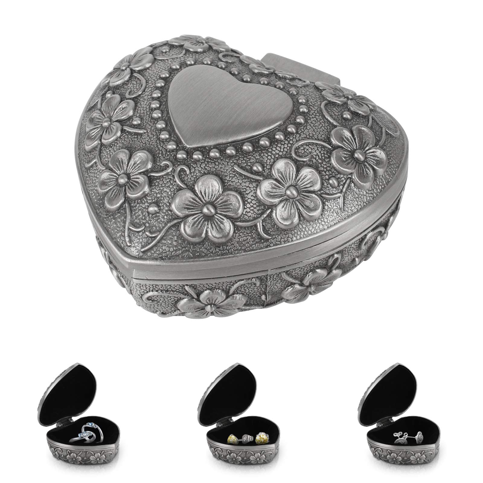 Vintage Heart Shaped Jewellery Box Heart Antique Ring Box Small Vintage Jewellery Gift Box Classic Carved Jewellery Storage Organizer Case for Earrings Rings Jewellery Gifts
