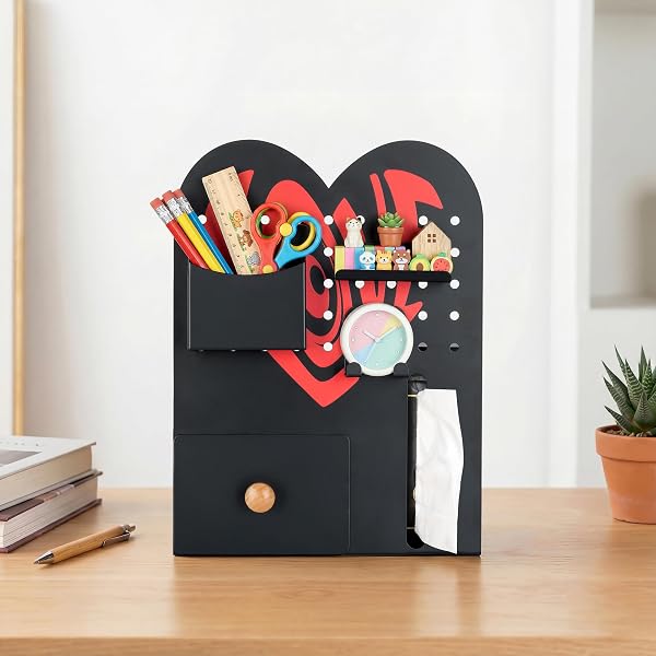 MAGNETIC PEGBOARD ORGANIZER FOR OFFICE DESK, MAKEUP VANITY, STATIONERY STORAGE, GAMING DESKTOP WITH 4 METAL ACCESSORIES DRAWER HOLDER HOOKS MODULAR – HOME DECOR TABLETOP DISPLAY KIDS ROOM – BLACK