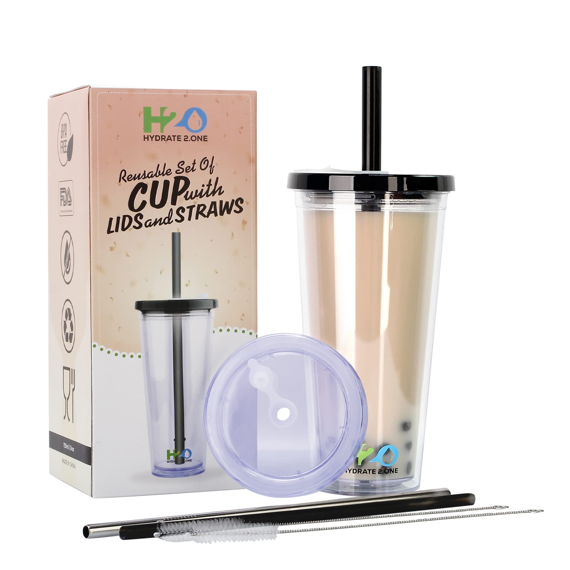 HYDRATE 2.ONE 700ml Iced Coffee Cup with 2 Lids, 1 Thick & 2 Thin Straws & 2 Brushes (NO Sleeve) | Reusable Travel Tumbler for Bubble Tea, Boba, Smoothie, Milkshake or Any Drinks (Black) โ image 1