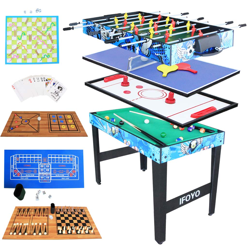 IFOYO 4ft Multi 14 in 1 Steady Combo Game Table, Hockey Table, Foosball Table, Pool Table, Table Tennis Table,Chess Set, Backgammon Set,Dice, Snake Ladder Set,Shuffleboard,Checker,etc