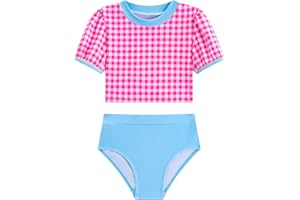 LIZENS Girls' Swimwear Two Piece Scoop Neck Short Sleeve Pull Sleeve Pink Plaid Beach Bathing Suit for Kids