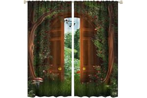 BenYaSong Green Forest Curtain Fantasy Garden Wooden Door Garden Tree House Fairy Tale World Natural Scenery for Kids Boy Girl Baby Bedroom Nursery Living Room Decor Drapes 2 Panels 84x84in, Style-1