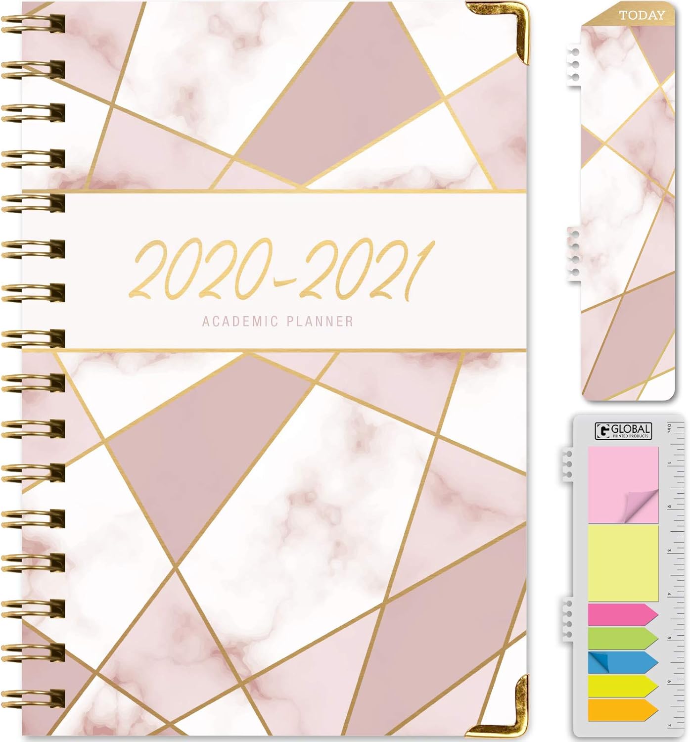 HARDCOVER Academic Year 2020-2021 Planner: (June 2020 Through July 2021) 5.5"x8" Daily Weekly Monthly Planner Yearly Agenda. Bonus Bookmark, Pocket Folder and Sticky Note Set (New Pink Triangles) : Office Products