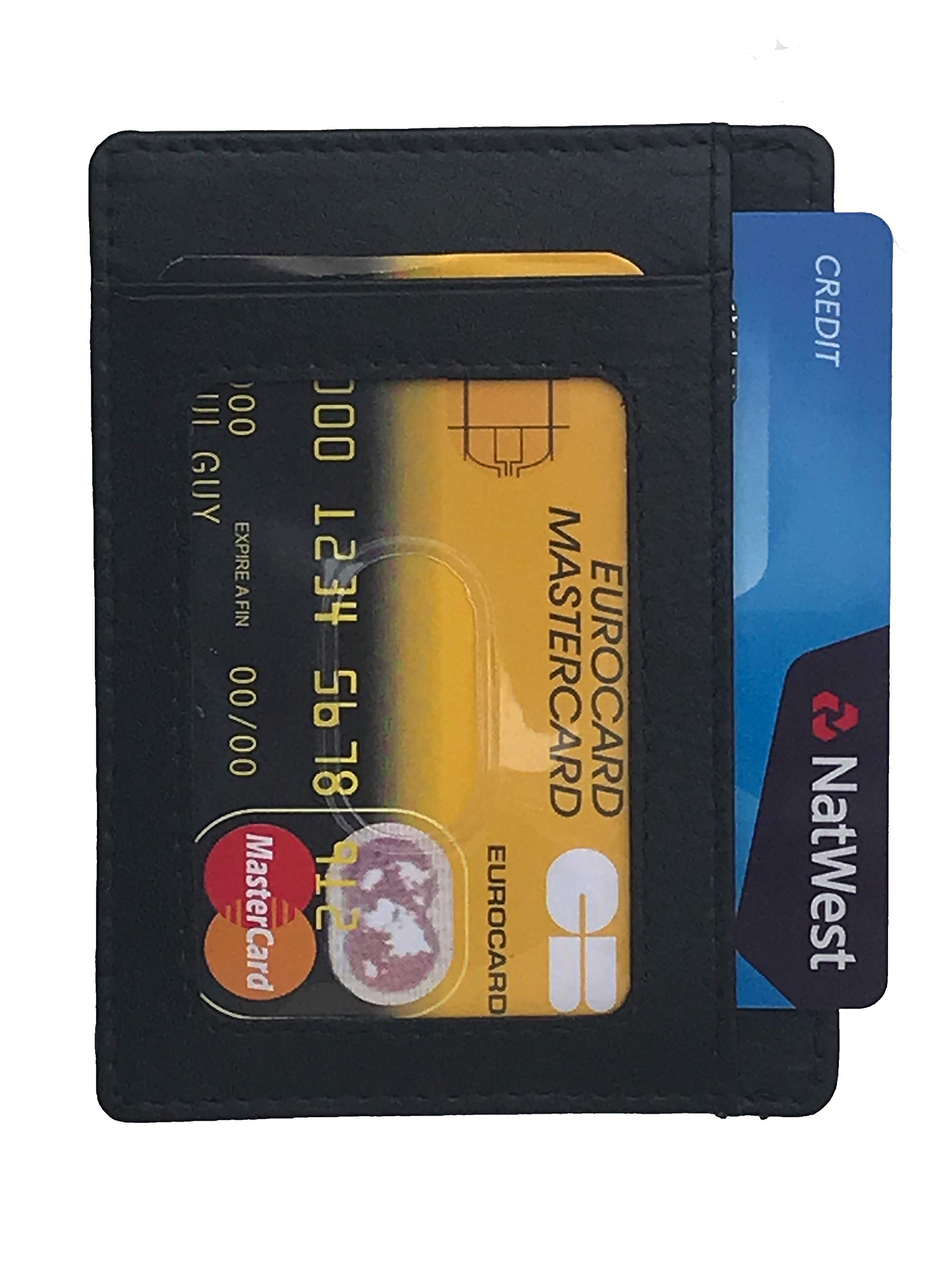 Pristine Minimalist Slim Credit Card Holder with ID Window, Premium Quality Full-Grain Real Cowhide Soft Smooth Leather, ID Window, Cash and Coin Pockets (Black)