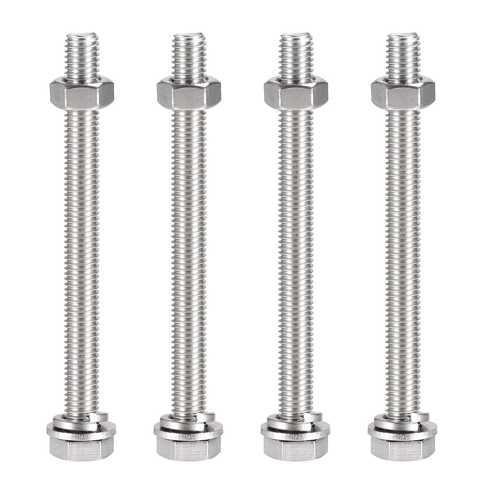 TOP-VIGOR 4Pcs M10 x 120mm Hex Head Screws Bolts, Nuts, Flat & Lock Washers Kits, 304 Stainless Steel Fully Thread Hexagon Bolts for DIY Bike Motorcycles Repair