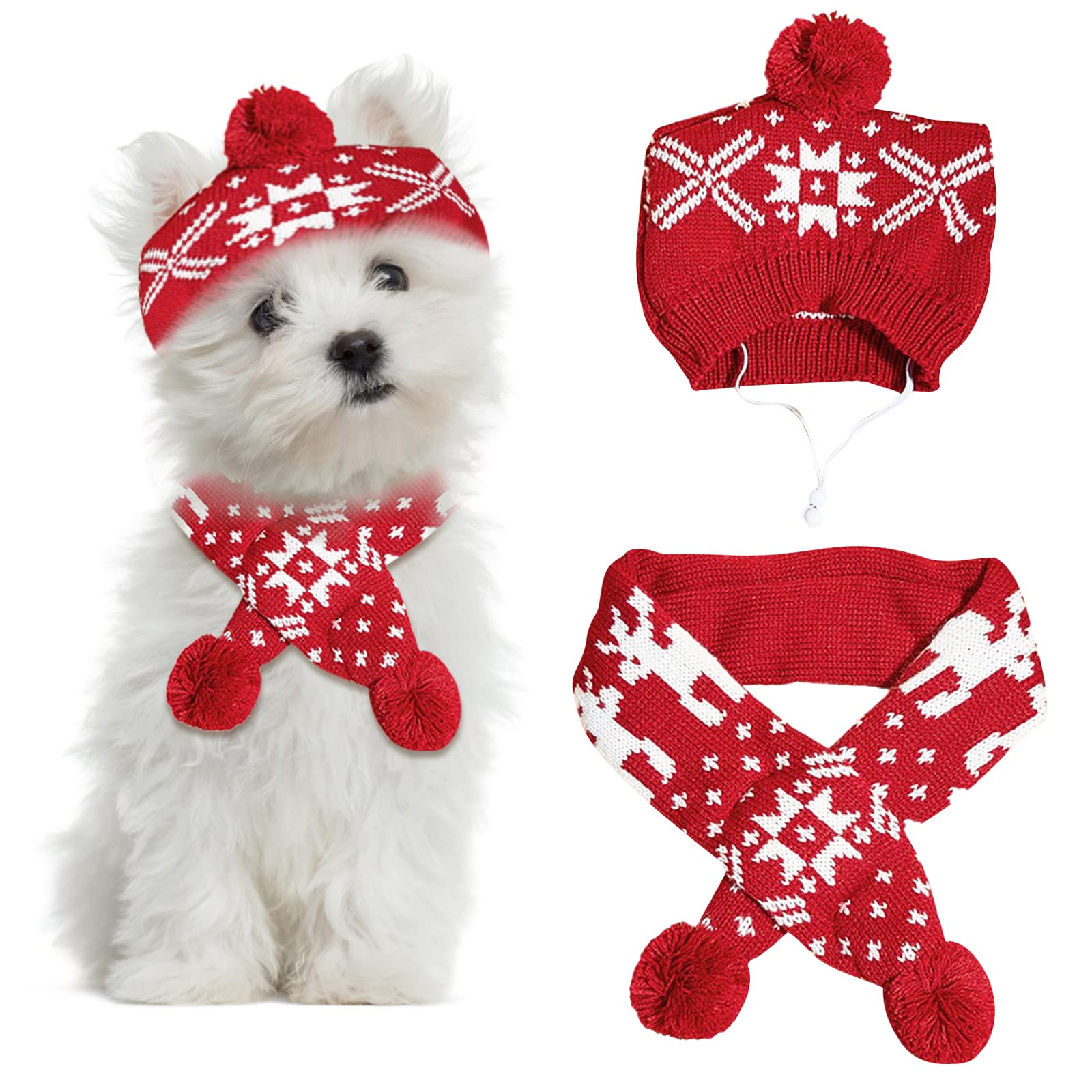 2 Pieces Christmas Pet Hat Scarf Set Winter Warm Puppy Collar Knitting Pet Hat Dog Cat Costume Accessories Adjustable Print Scarf and Hat for Small to Medium Pets (Large, Snowflake)