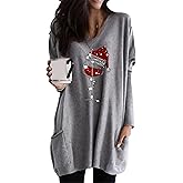 YMING Womens Christmas Round Neck Sweatshirt Long Sleeve Printed Shirt Dress Oversized Loose Fit Pullover Tops with Pockets
