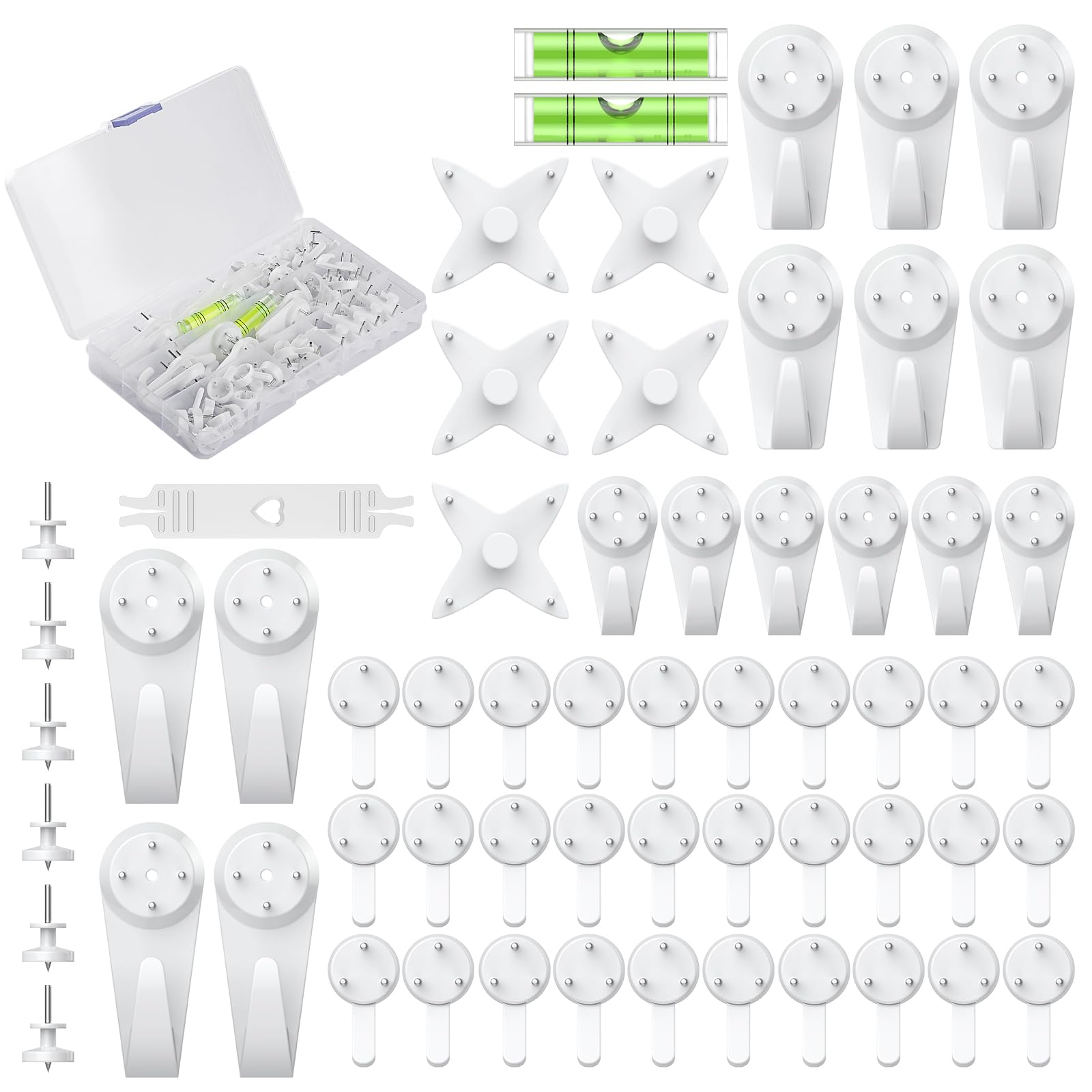 Photo 1 of Uniclife 60 Pcs Picture Hangers Hanging Kit for Hard Walls, Picture Hooks, Non-Trace Wall Hooks with Nails, White Picture Hangers Stucco Hooks for Photo Frame, Painting and Art