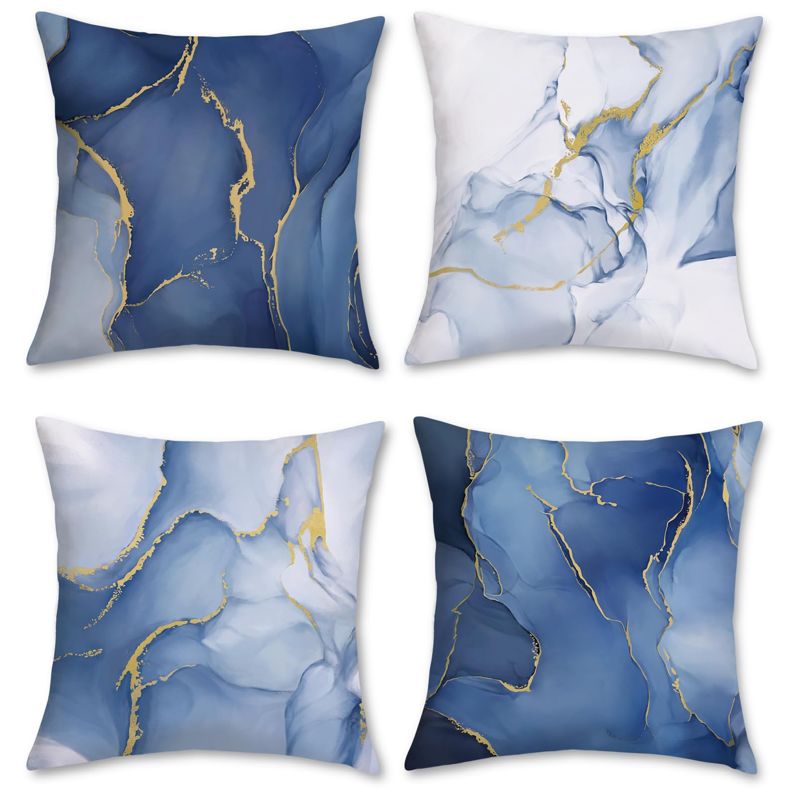 Bonhause Blue Marble Cushion Covers 45 x 45 cm Abstract Marble Blue and Gold Modern Decorative Throw Pillow Covers Pillowcases for Sofa Patio Home Decor Set of 4 — image 1