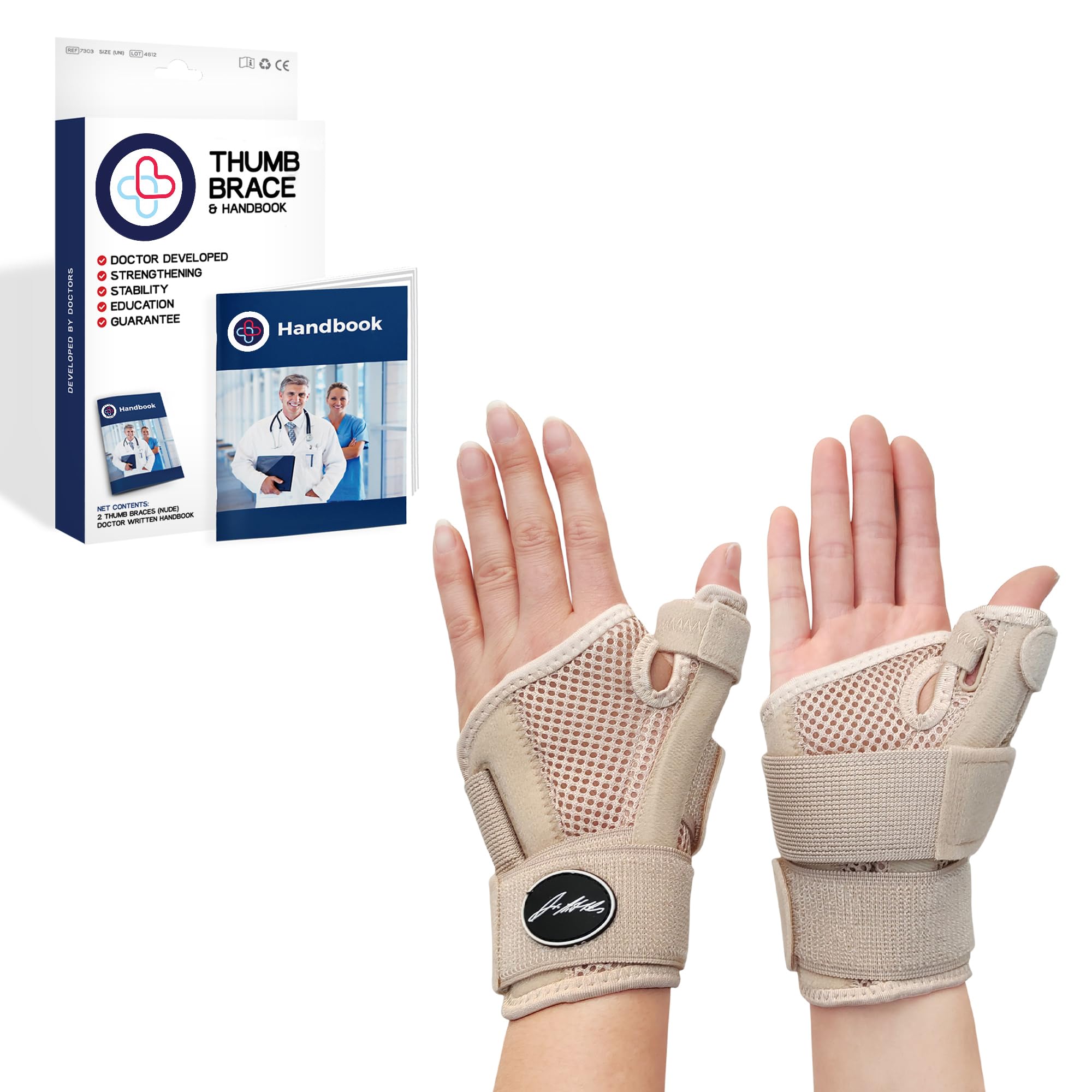 Doctor Developed Thumb Support Brace & Doctor Handbook - /Trigger Thumb Brace/Support For Arthritis, Thumb Spica Splint, Thumb Splint For Right Hand/Left (Nude, Pair)