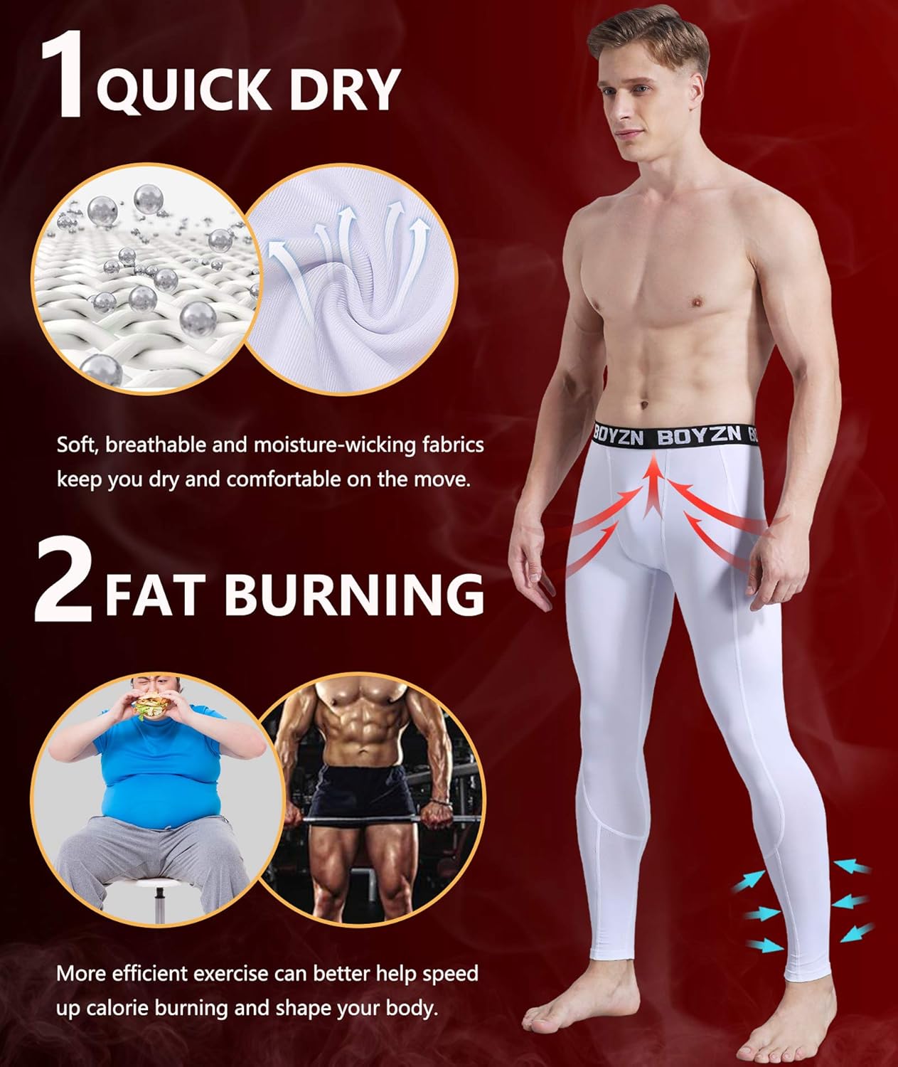 Boyzn Men's 2 Pack Sports Compression Pants Cool Dry Active Base Layer Tights Workout Running Leggings: Clothing