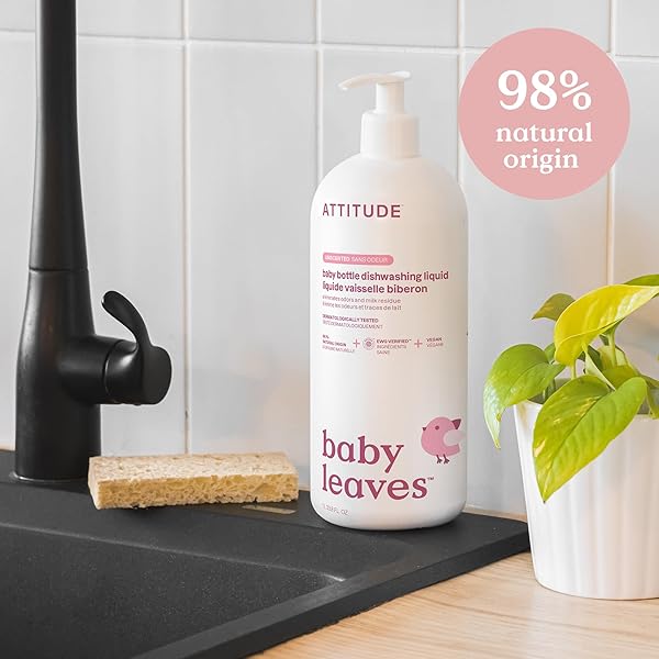 ATTITUDE BABY BOTTLE & DISH SOAP, EWG VERIFIED BOTTLE CLEANER, FRAGRANCE FREE & DYE FREE, REMOVES MILK RESIDUE & GREASE, VEGAN, UNSCENTED, 33.8 FL OZ