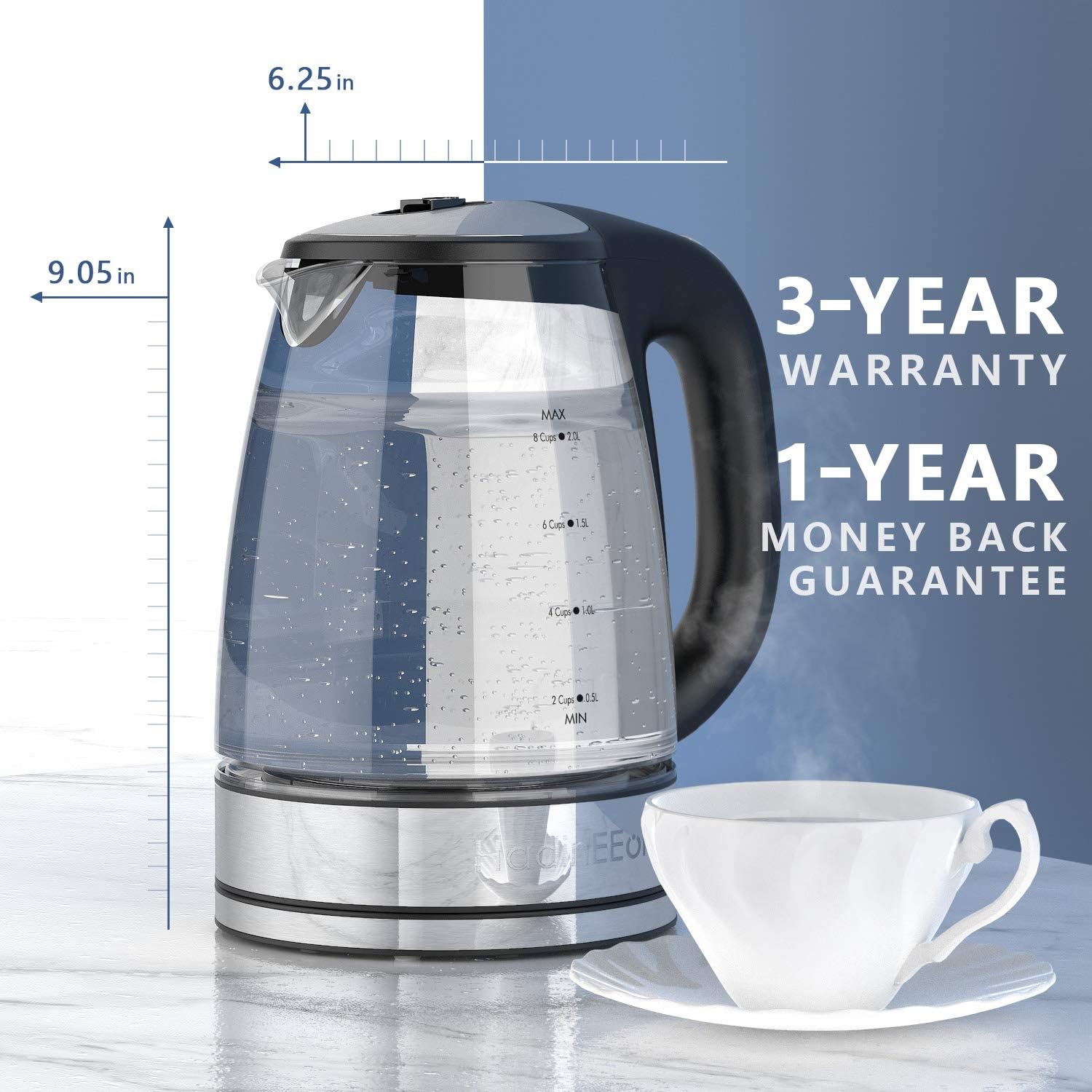HadinEEon Variable Temperature Electric Kettle, 1200W Electric Tea Kettle, 8 Big Cups 2.0L Glass Electric Kettle with 4Hrs Keep Warm Function & Boil-Dry Protection: Kitchen & Dining