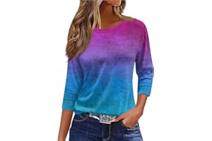 JXKIKOZE 3/4 Length Sleeve Womens Tops Round Neck Cute Tunic Tops Basic Tees Blouses Loose Fit Pullover
