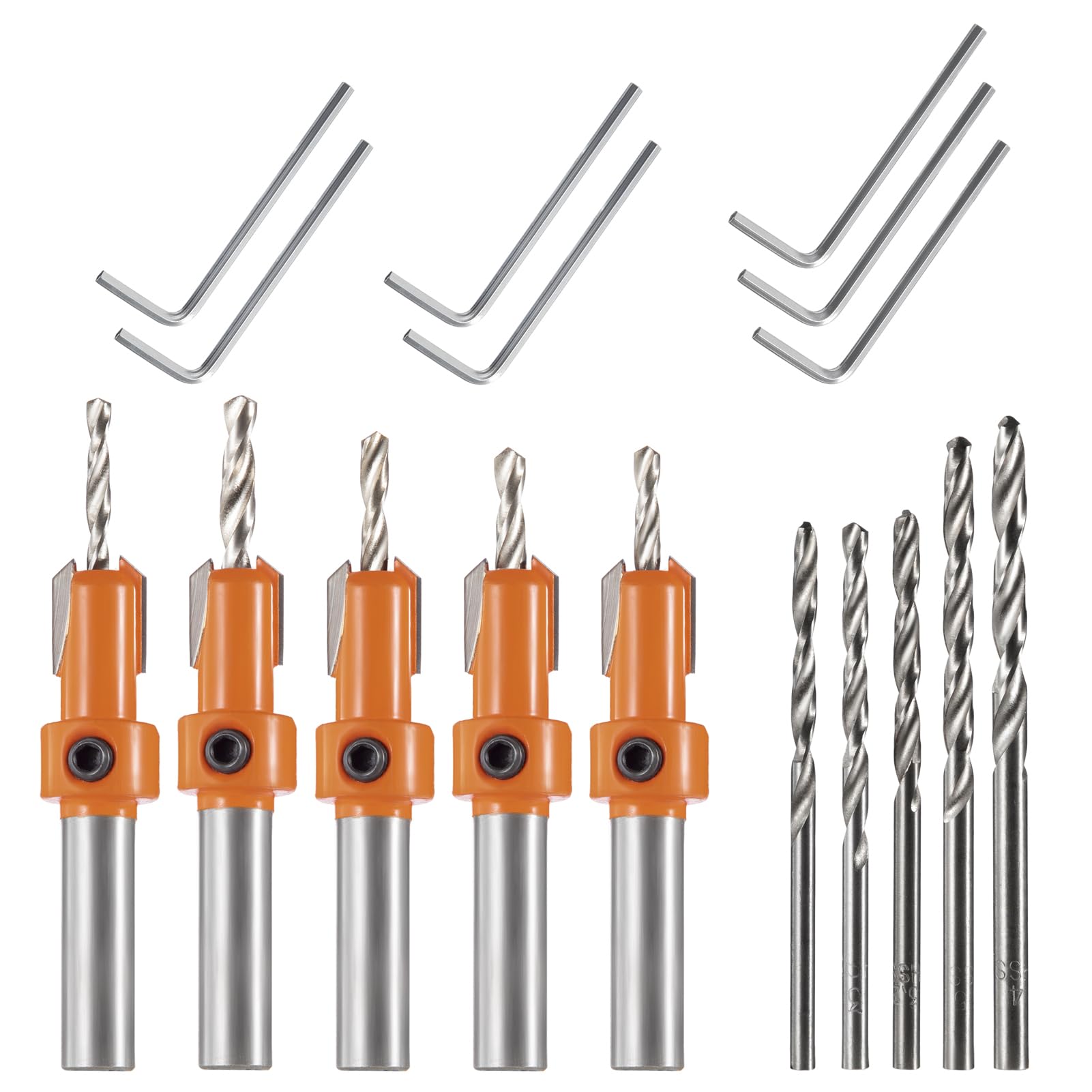 HPMAISON 17Pcs Countersink Drill Bit, Includes 5 Quick Change 8mm Shank Adjustable Countersink Drill Bits, 5 Free Replaceable Drill Bits and 7 Hex Wrench for Woodworking Countersink Drill Bits — image 1