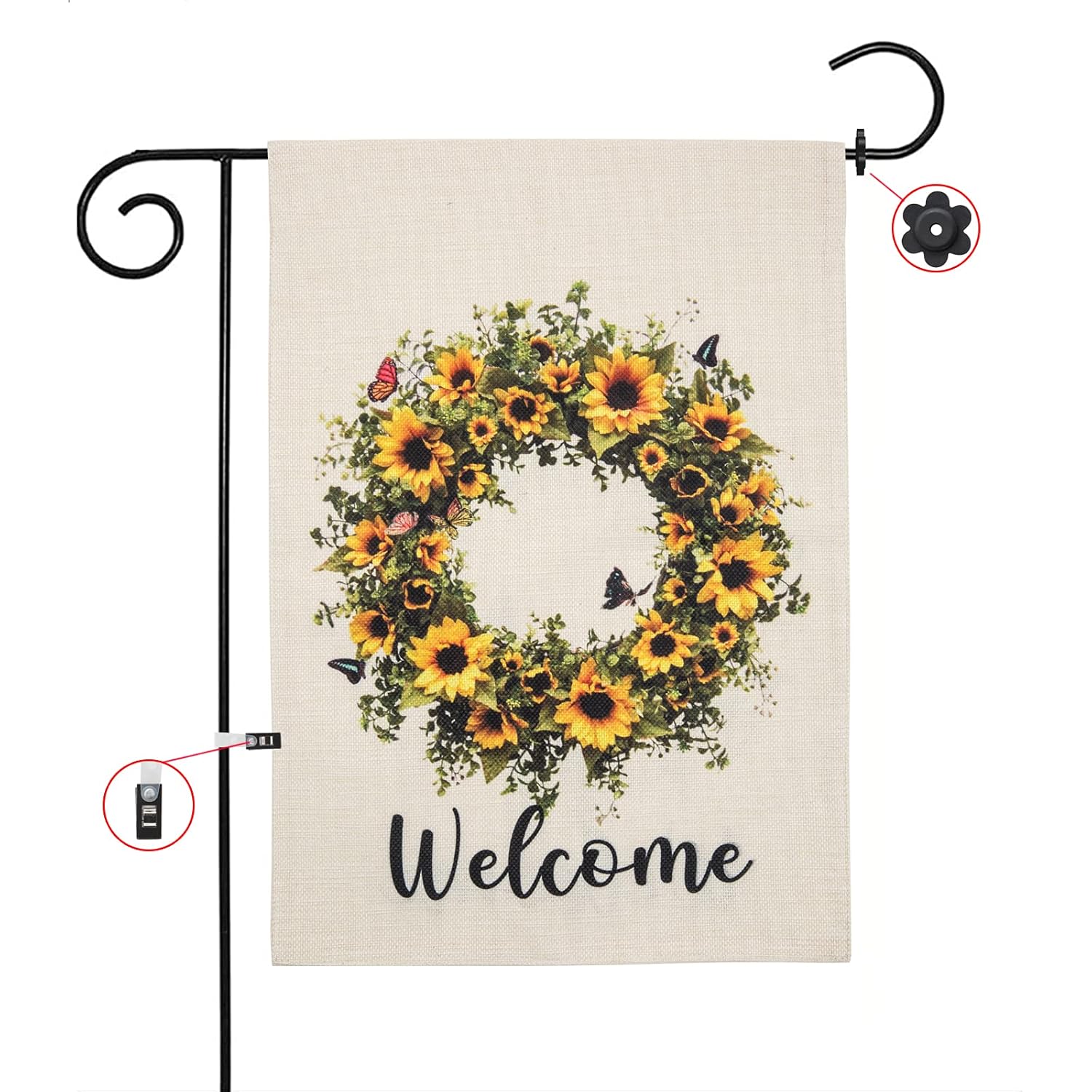 Summer Sunflower Wreath Garden Flag, Vertical Double-Sided Farmhouse Decor, Yellow Floral with Butterfly Garland Banner, Outdoor 12.5 X 18 Inches Welcome Home Decor with Stopper and Anti-Wind Clip Set