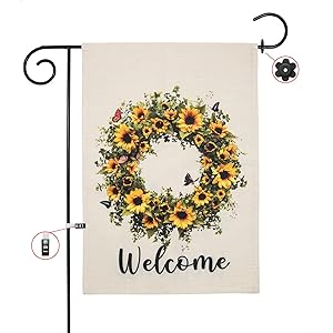 Summer Sunflower Wreath Garden Flag, Vertical Double-Sided Farmhouse Decor, Yellow Floral with Butterfly Garland Banner, Outdoor 12.5 X 18 Inches Welcome Home Decor with Stopper and Anti-Wind Clip Set