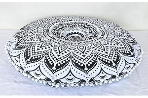 CRAFT KALA 32" in Round Mandala Floor Pillow Cushion Cover Seating Throw Cover Hippie Decorative Bohemian Ottoman Poufs Pillow Cover Cases Boho Cotton Living Yoga Home Décor Room (Grey Ombre)