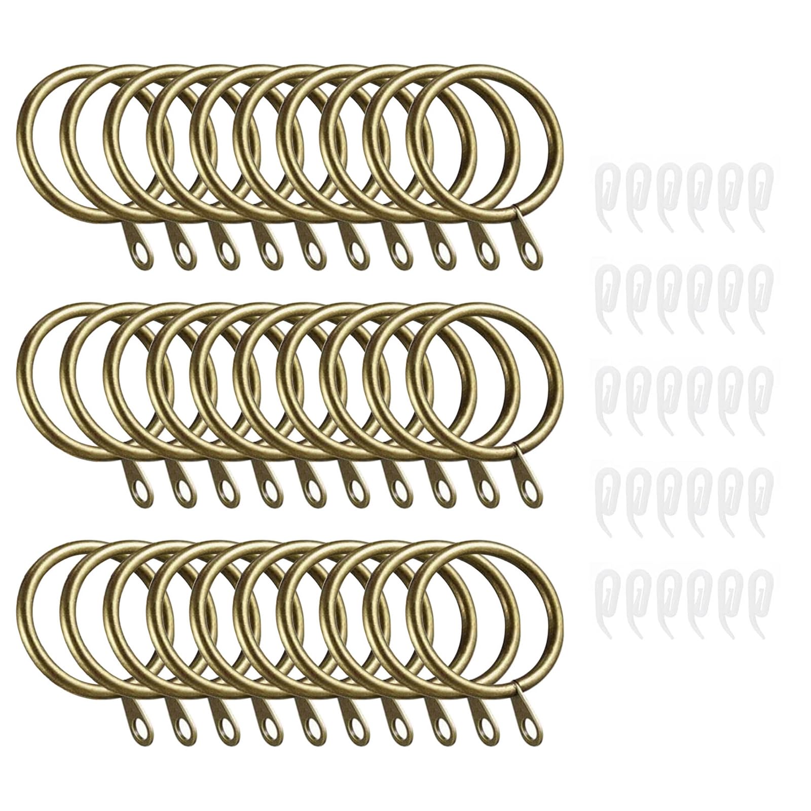 NIXRET 30 Pcs Metal Curtain Rings with Clips, 32mm Curtain Rings with Hook Rustproof Brass Rings with Clips Window Hanging Rings for Drapery