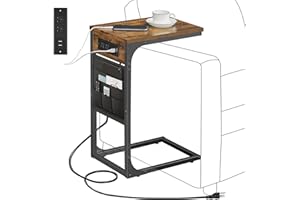 TUTOTAK C Shaped End Table with Charging Station, Side Table for Sofa, Couch Table with Storage Bag, TV Tray with 2 USB Ports and Outlets for Living Room, Bedroom, Brown TB01BB024